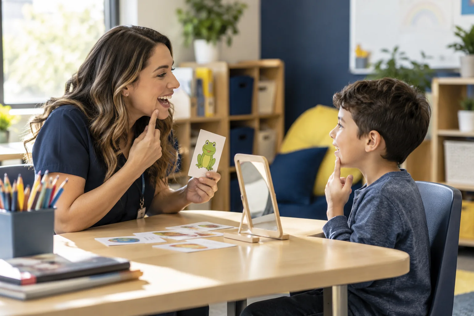 Child participating in a supportive speech therapy activity
